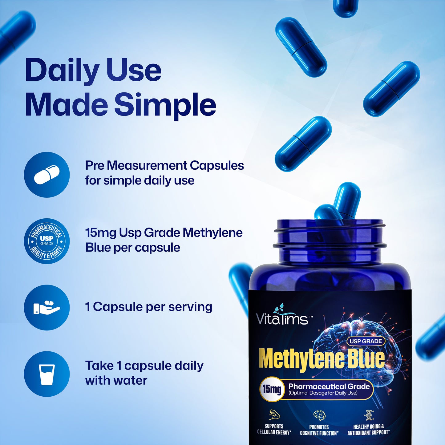 Methylene Blue Capsules 15 mg – USP Grade 99% - Formaldehyde Free with Vitamin C Ester - 60 Capsules