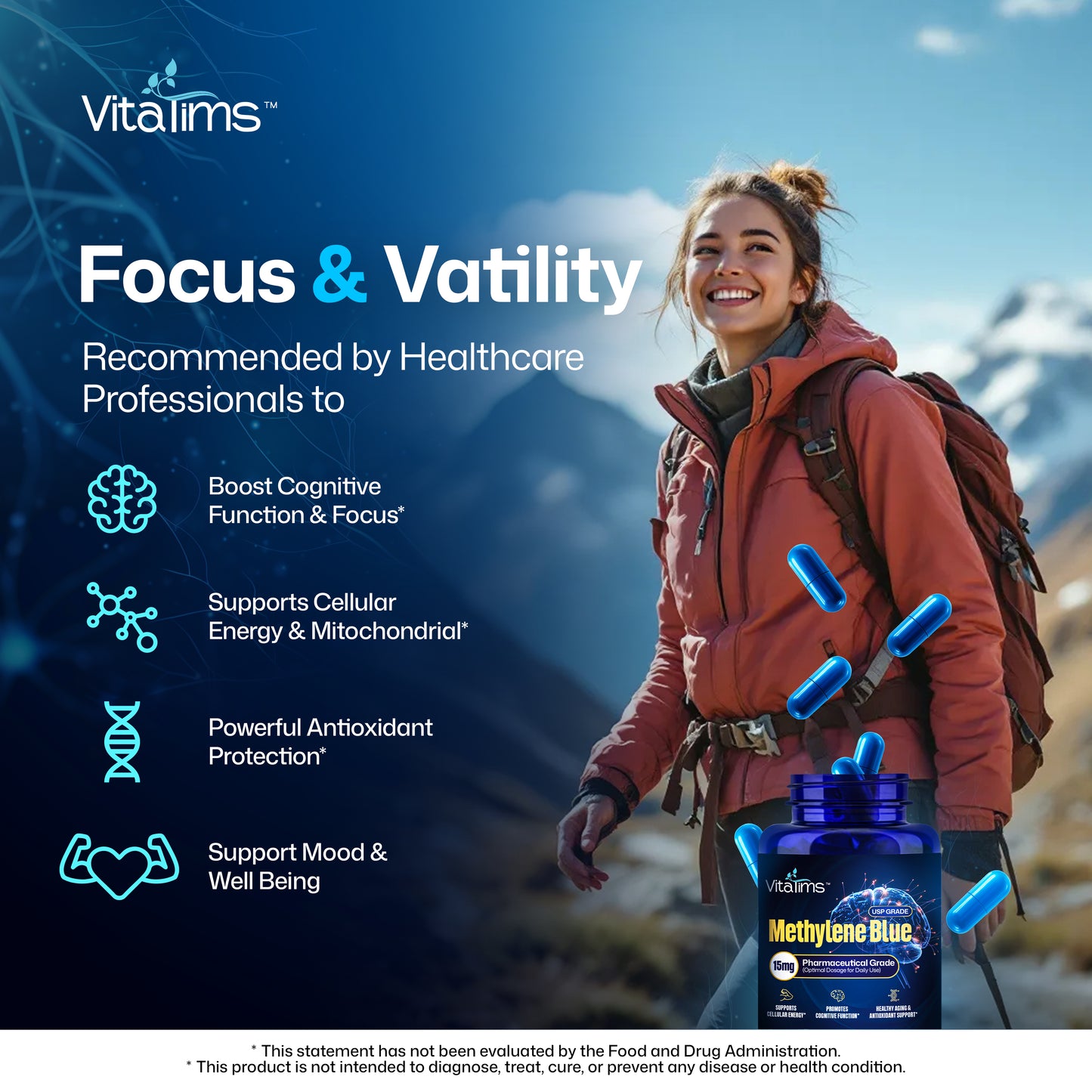 Methylene Blue Capsules 15 mg – USP Grade 99% - Formaldehyde Free with Vitamin C Ester - 60 Capsules