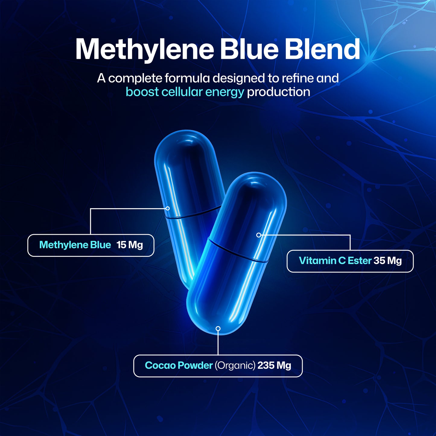 Methylene Blue Capsules 15 mg – USP Grade 99% - Formaldehyde Free with Vitamin C Ester - 60 Capsules