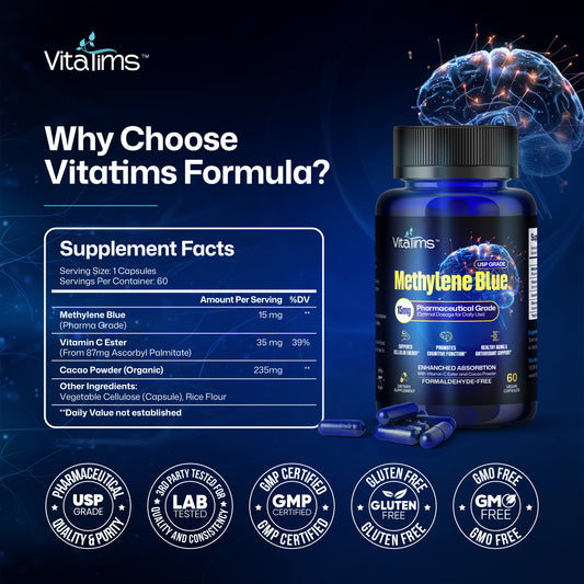 Methylene Blue Capsules 15 mg – USP Grade 99% - Formaldehyde Free with Vitamin C Ester - 60 Capsules