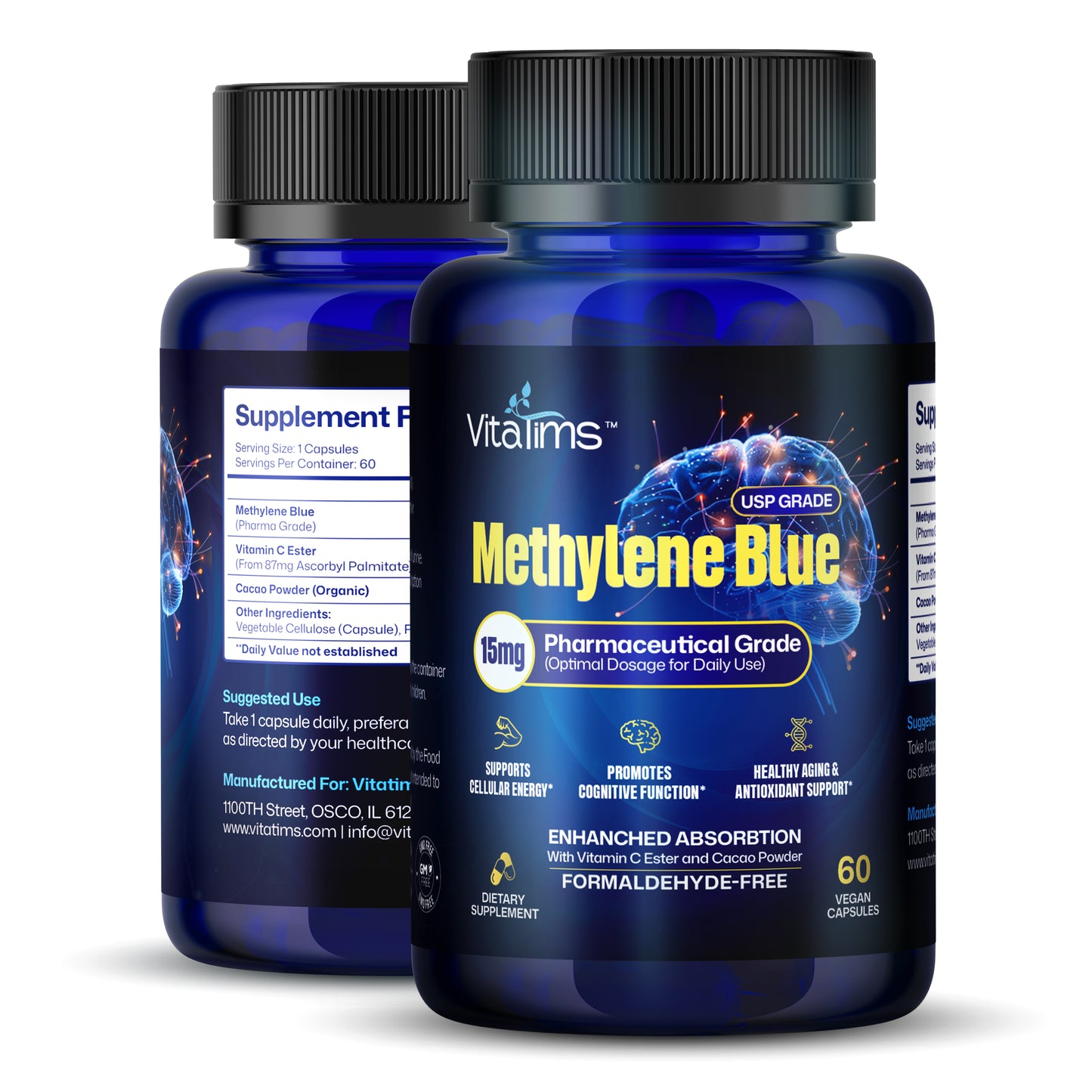 Methylene Blue Capsules 15 mg – USP Grade 99% - Formaldehyde Free with Vitamin C Ester - 60 Capsules
